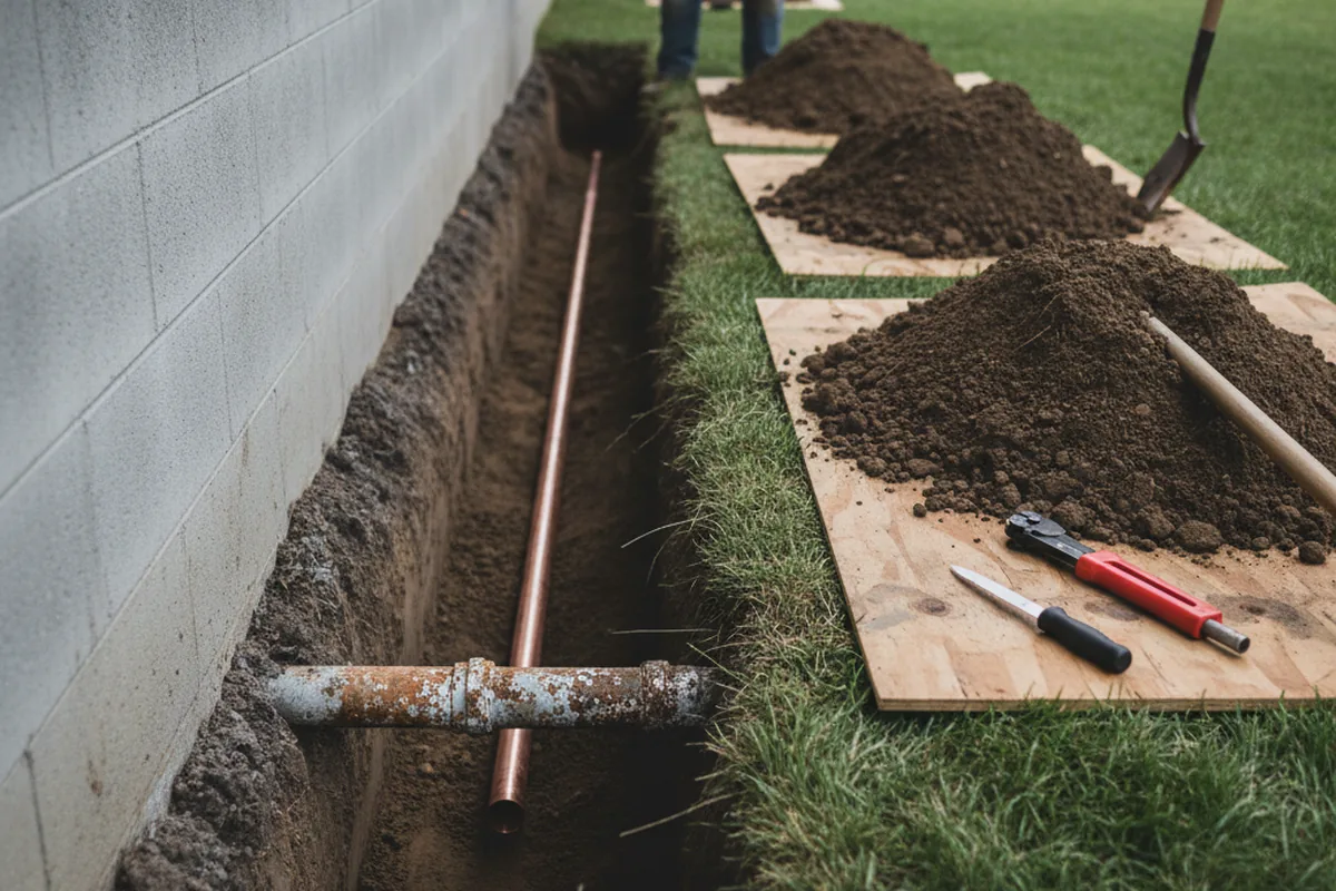 Excavated water line trench during Sewer Line Repair in Gowen